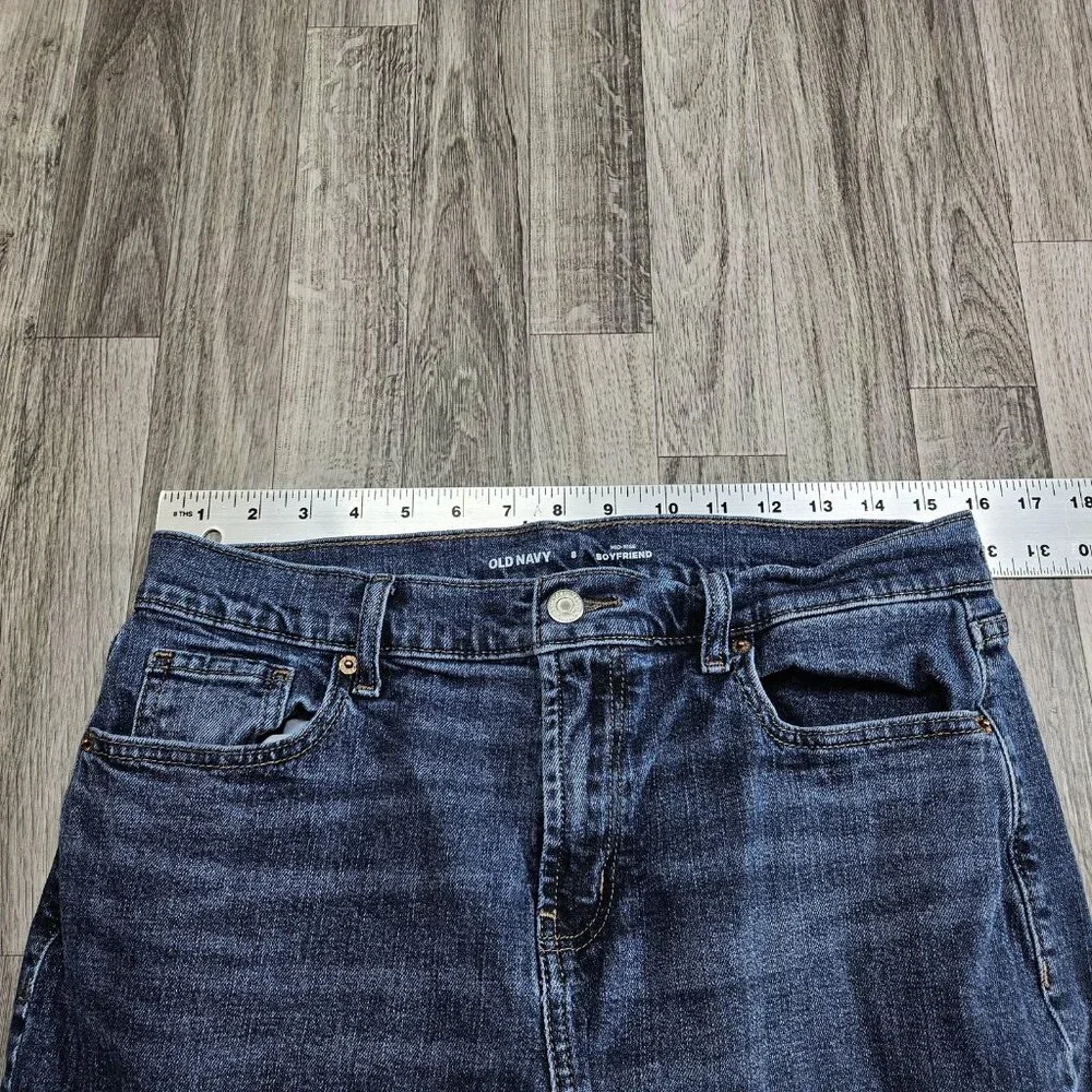 Old Navy Mid Rise Boyfriend Jeans Womens 8 Blue Distressed Raw Hem Stretch Denim